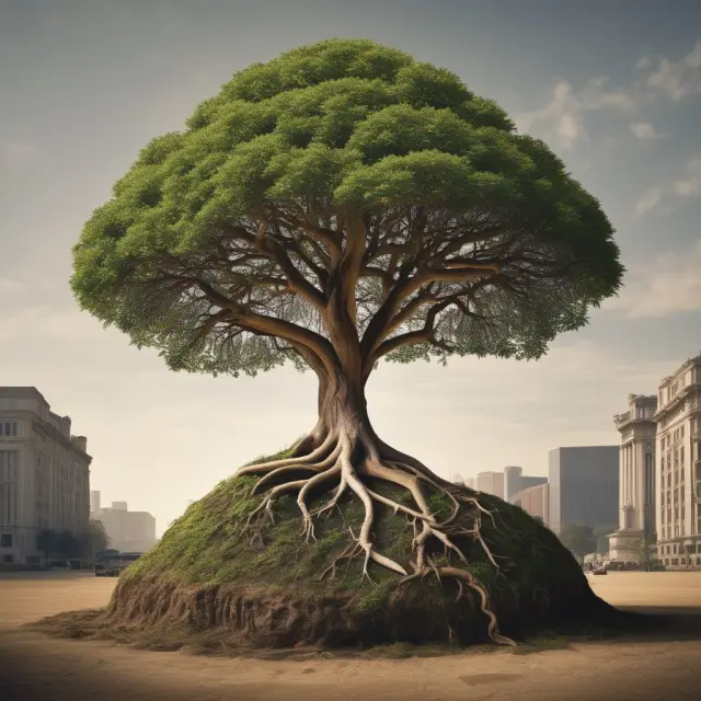 A lush tree with roots representing both commercial and investment banking grows, encapsulating the diverse financial services offered by universal banks.