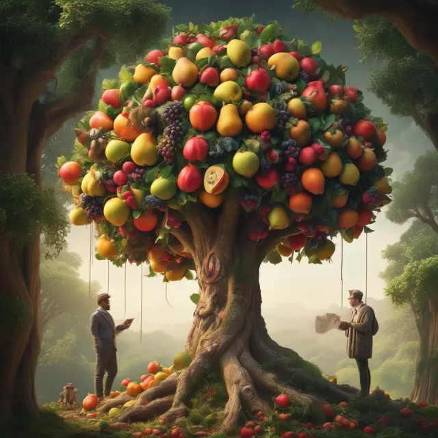 A tree laden with various fruits and providing shelter illustrates the convenience and diverse offerings of universal banking.