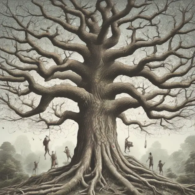 Interconnected trees representing Deutsche Bank, HSBC, ING Group, Bank of America, Wells Fargo, and JPMorgan Chase as key players in the universal banking industry