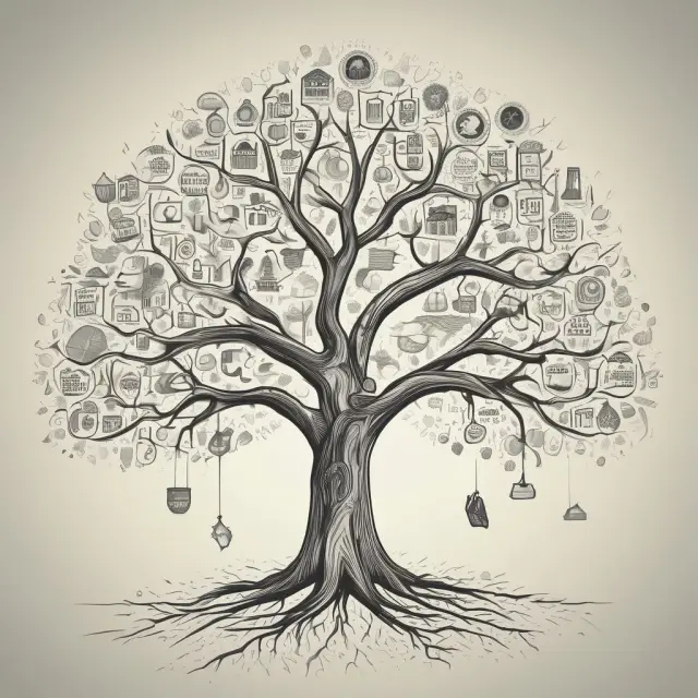 A tree symbolizing universal banking, with branches representing commerce and investment growing from a single root