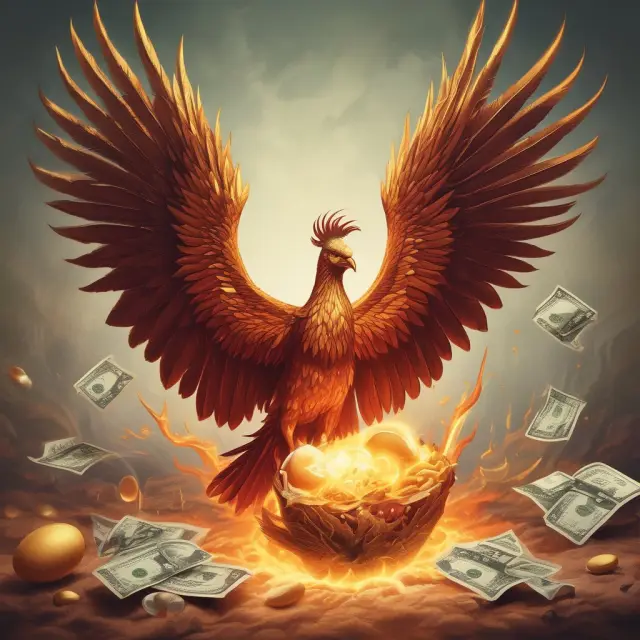 A phoenix symbolically represents UL insurance, with mortality risk as its fiery foundation, flexible premiums depicted by feathers, and cash value as golden eggs