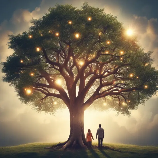Expert financial advisors shedding light on the intricacies of Universal Life Insurance, represented as a tree with adjustable branches symbolizing flexibility