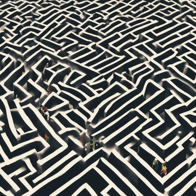 An investor exploring a labyrinth filled with stocks, bonds, and other assets, choosing between broad and narrow universes.