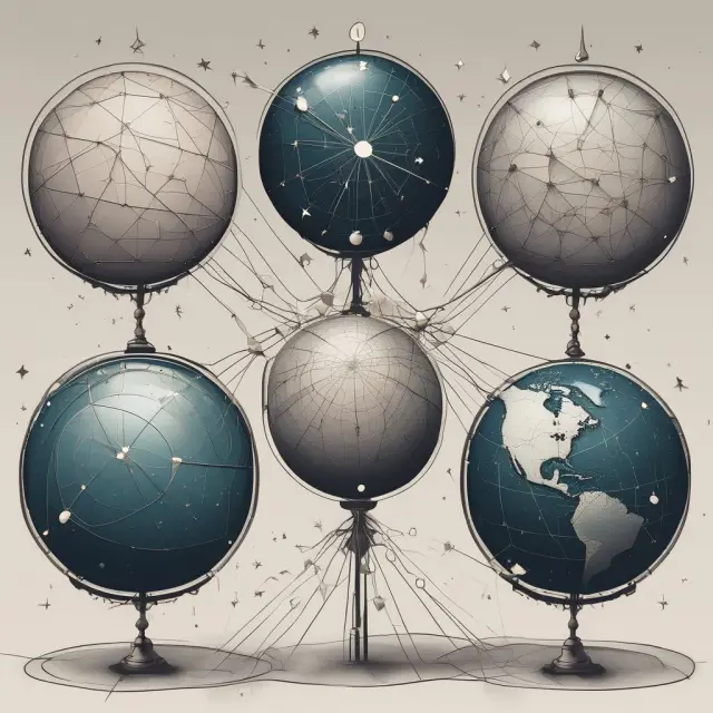 Five interconnected globes symbolizing major equity indices: S&P 500, Russell 1000, Russell 2000, MSCI EAFE, and FTSE 100. Each globe represents a diverse investment universe.