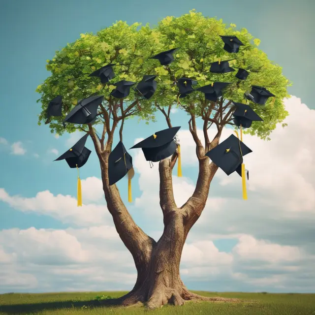 Three tree branches symbolizing finance, real estate, and health care industries flourishing with Miami Herbert Business School graduation caps