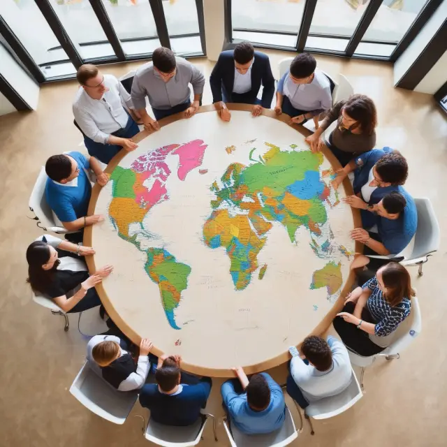 A gathering of diverse global students discussing around a table, with a world map in the background, representing Miami Herbert Business School