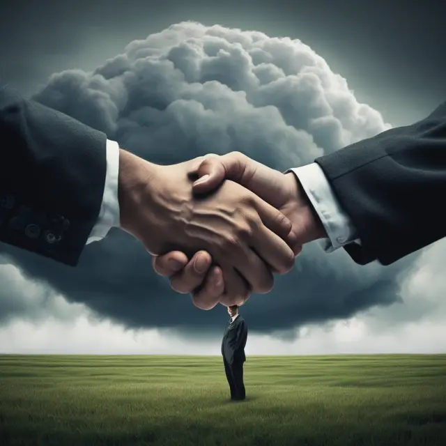 A dark cloud casting a shadow on a handshake between a borrower and a lender, representing the risks and potential fallout of unlawful loans for both parties.