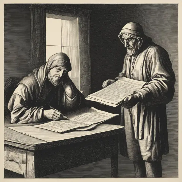 Borrower holding a questionable loan agreement as a predatory lender looms in the background