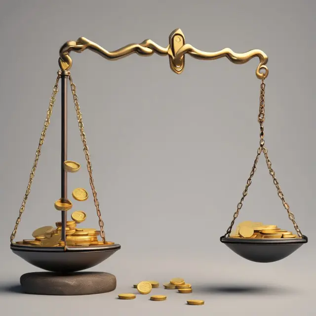An ancient scale with gold coins symbolizing unlevered free cash flow on one side and a ball and chain representing interest expense added, generating levered free cash flow on the other.