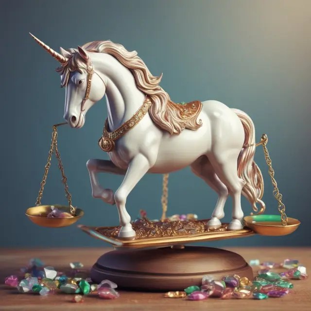 A mythical unicorn atop a weighing scale balances gems representing beta and risk premium to determine the unlevered cost of capital