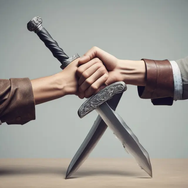 Two hands with swords illustrating the equal personal responsibility for business debts in general partnerships and sole proprietorships