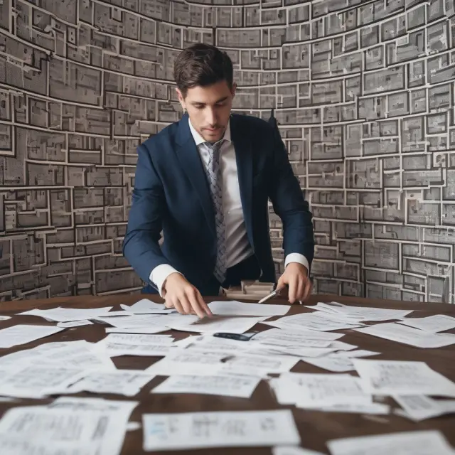 Businessman holding shield with interconnected contract symbols and an insurance policy scroll, standing amidst a maze depicting risk assessment
