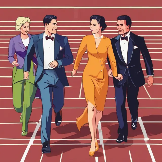 Couple handing over a baton in a relay race, representing the transfer of assets between spouses utilizing the unlimited marital deduction
