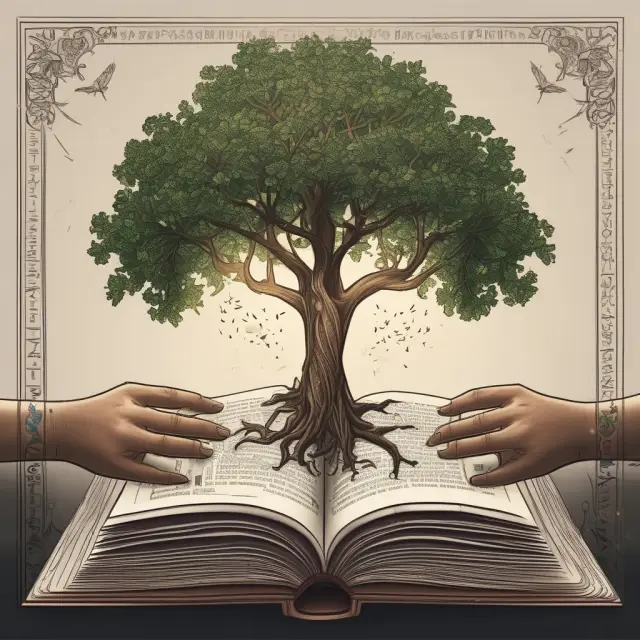 A couple hands exchange an ornate book as a tree made of gold coins flourishes overhead, representing marital deduction and effective estate strategies