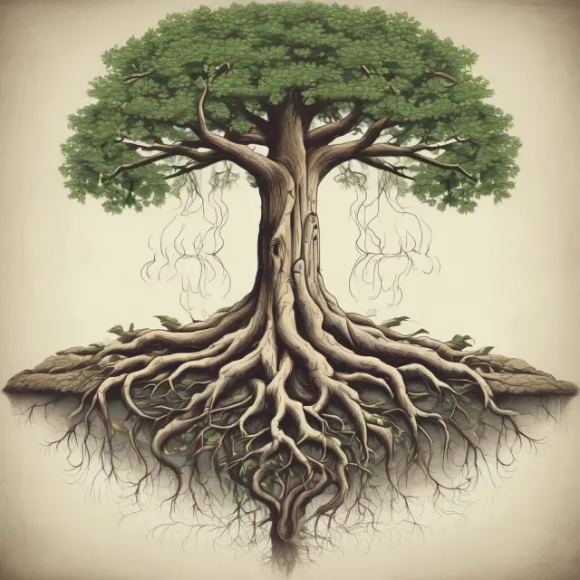 An image of a sturdy tree with deep roots absorbing nutrients from diverse revenue sources, representing the strong foundation and stability of unlimited tax bonds