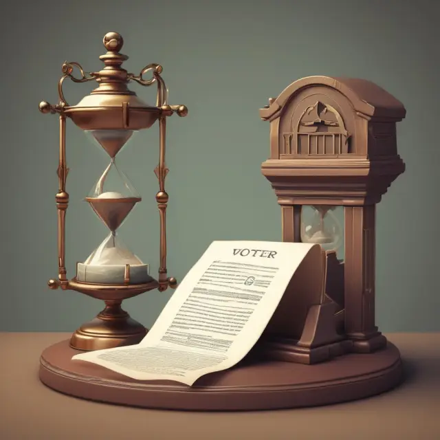 Voter approval box, hourglass, and scales representing the risk assessment for unlimited tax bonds: voter support vs. delinquent taxpayer enforcement.