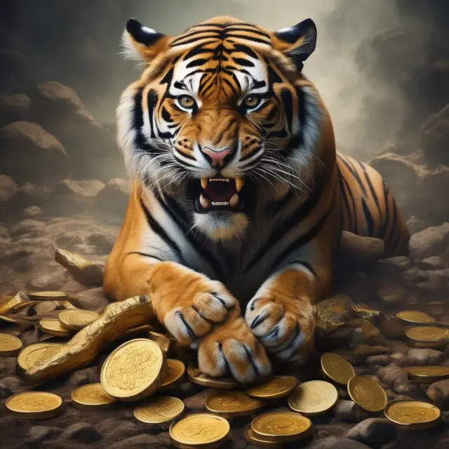 An aggressive tiger stands watch over a towering stack of golden coins, representing the potential risks and rewards associated with high-stakes investments