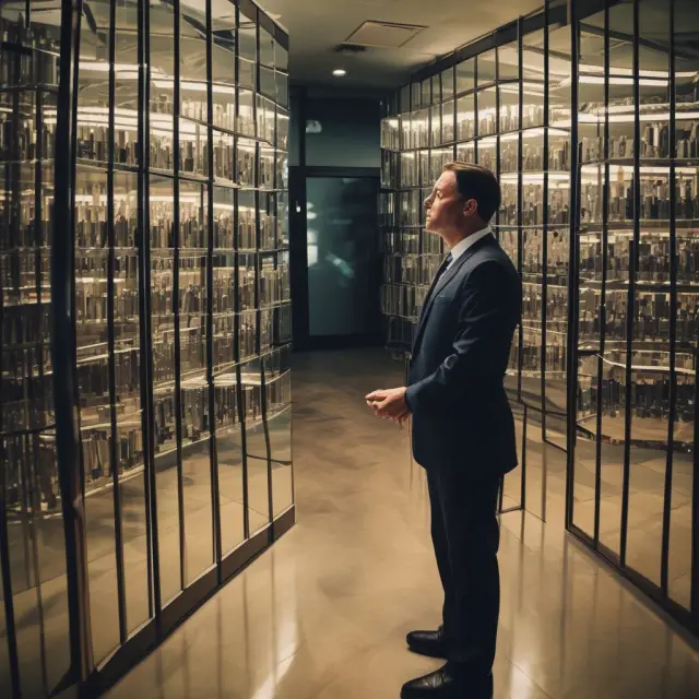 A trader facing an array of mirrors, each reflecting an endless stock market landscape, signifying unlimited potential losses