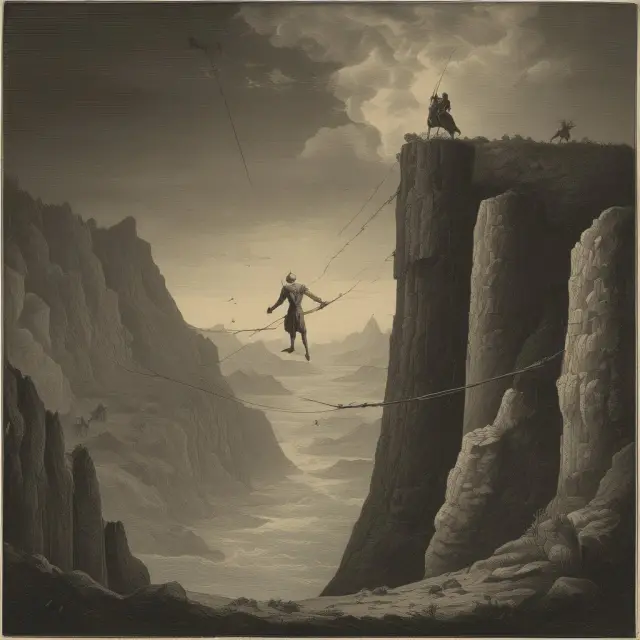 A person on a tightrope balances between wealth (horn of plenty) and potential loss (abyss), illustrating the risks involved in high-stakes investments.