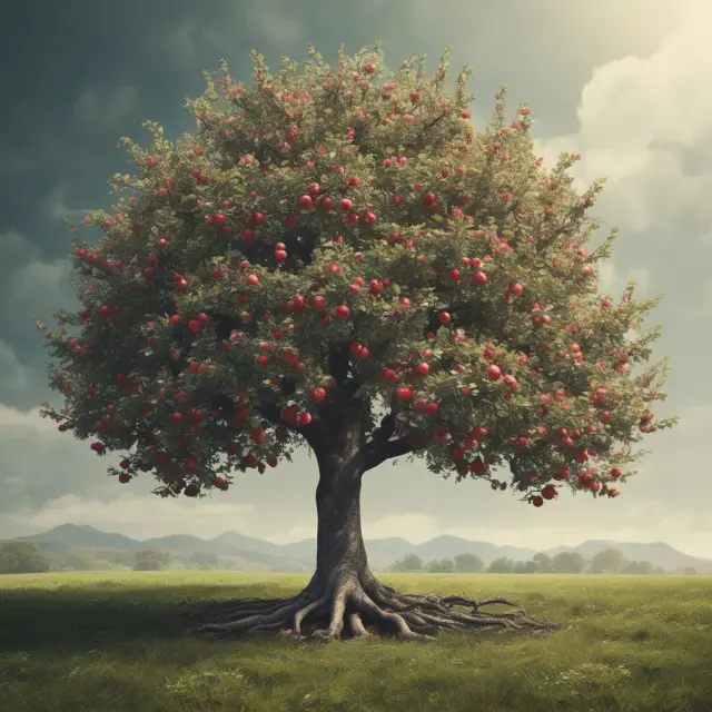 An apple tree with an infinite number of branches, symbolizing the theoretically unlimited risk in writing naked options. Apple Inc. (AAPL) serves as a practical example.