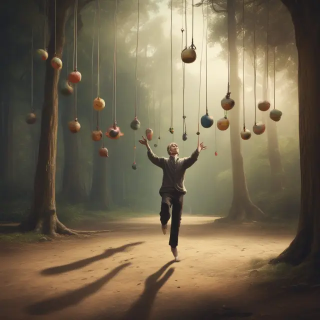 Person skillfully juggling multiple pendulums of varying sizes to represent managing unlimited risk trades with effective strategies.