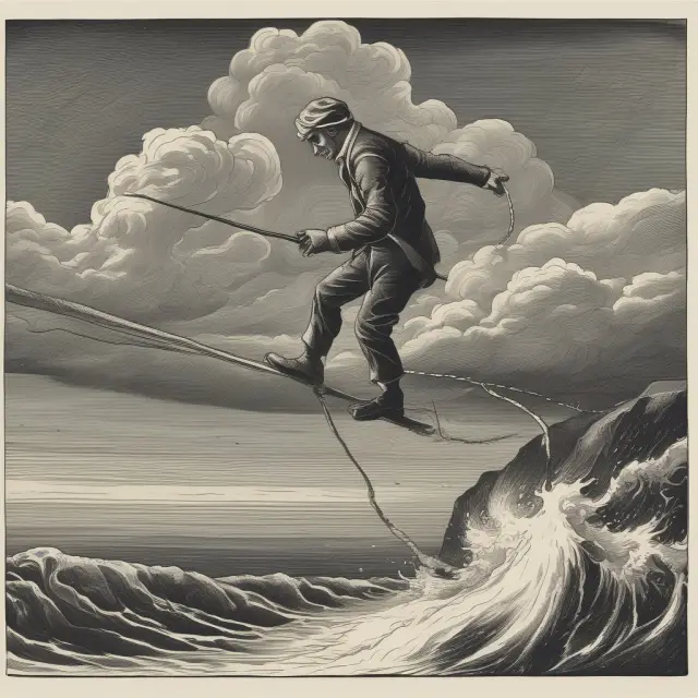 An investor balancing on a tightrope represents handling unlimited risk trades. Margin calls are depicted as gusts of wind, while debt is shown as stormy seas below.