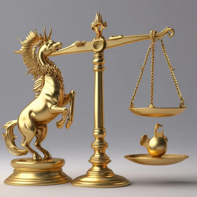 A balance scale with a golden unicorn and griffin, symbolizing UTP