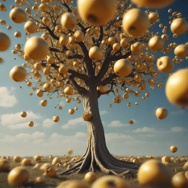 A golden apple tree with ripe fruit representing unpaid dividends, awaiting eligible shareholders