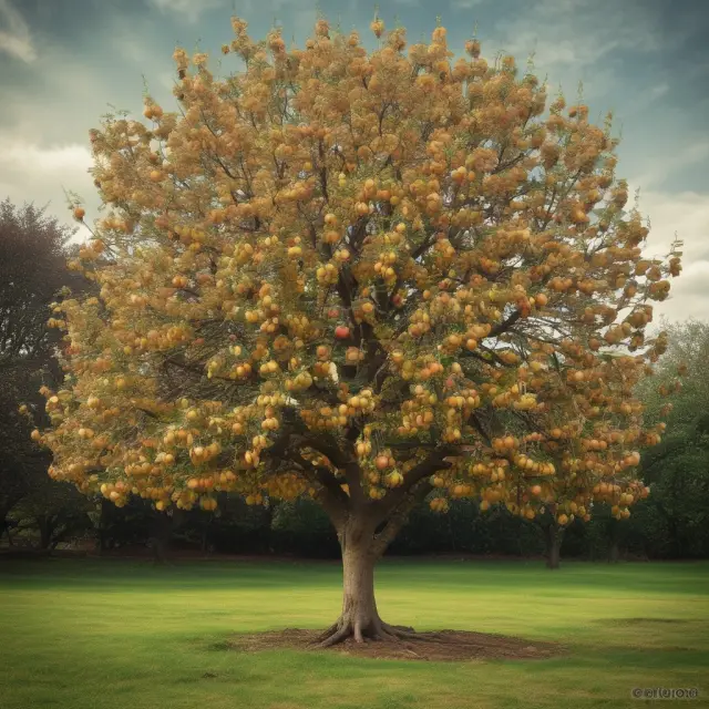 A golden apple tree symbolizing a company bears four ripe apples representing declaration, ex-dividend, record, and payment dates in the dividend process.
