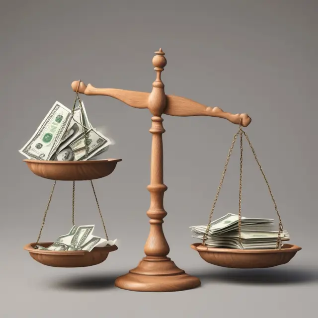 Balance scale representing unpaid dividends, with coins on one side for companies and weights on the other for shareholders awaiting distribution