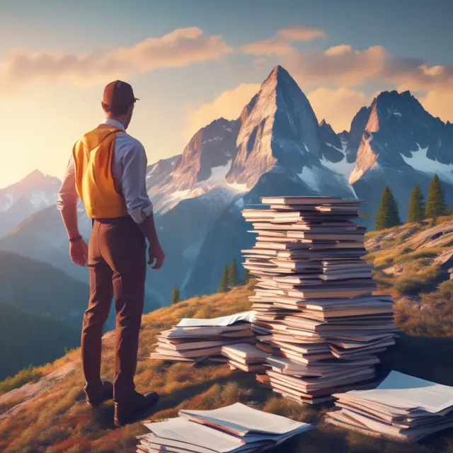 An auditor on a mountain peak meticulously addresses complex financial statement obstacles: unclear policies, material misstatements, inadequate documentation, and changing GAAP.