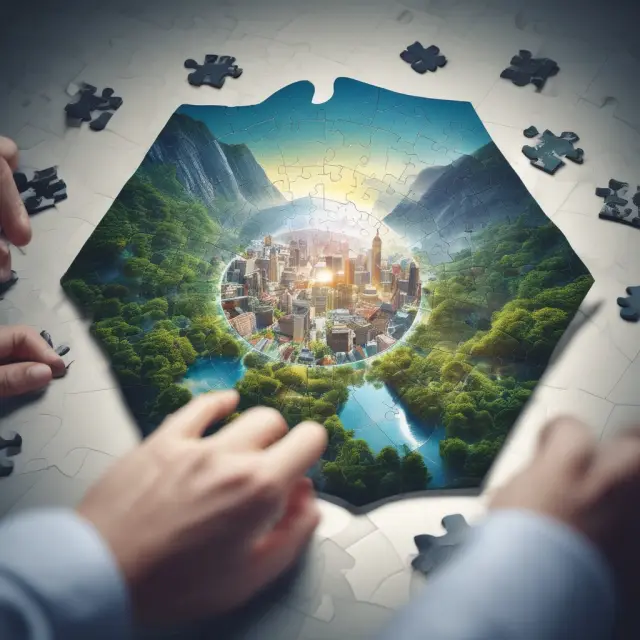 An auditor working on a jigsaw puzzle symbolizing the complexities of adapting to new regulations and technologies, ensuring accurate unqualified opinions