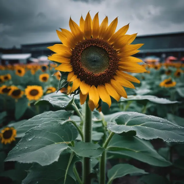 A solitary sunflower growing in the midst of an over-the-counter market