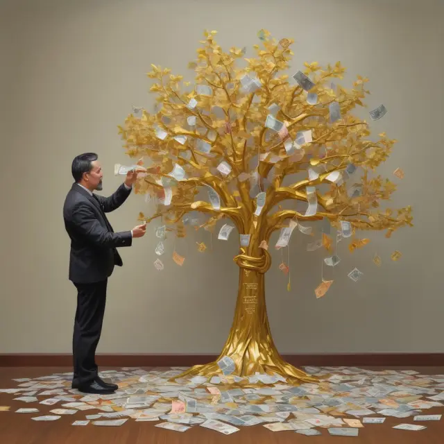 Golden tree with paper currency flowers growing from unrealized gains