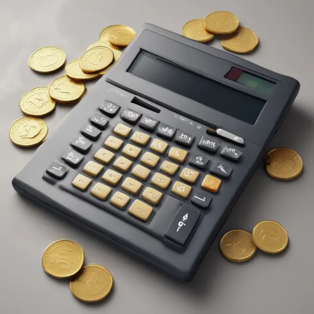 A calculator with gold coins pouring from various investment portfolios onto scales, measuring the total unrealized gain or loss.