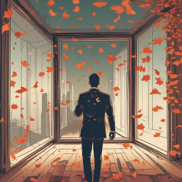 Investor contemplating unrealized losses, depicted as falling leaves in a mirror reflection.