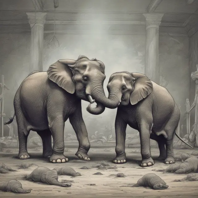 An investor attempting to tame two emotional elephants symbolizing unrealized losses, while maintaining a balanced portfolio.