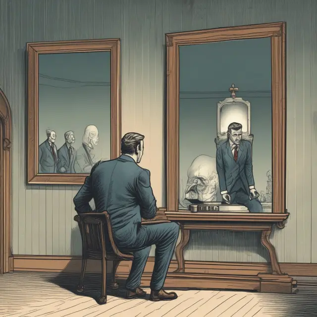 An investor looking at himself in the mirror with stock charts and bond price graphs depicting losses reflected behind him