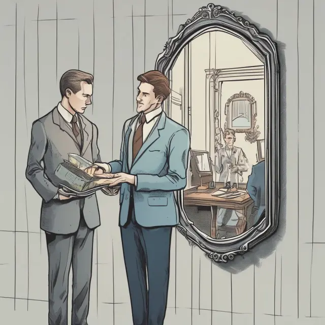 An investor examining his reflection in a mirror, symbolizing the assessment of unrealized gains and losses within his portfolio