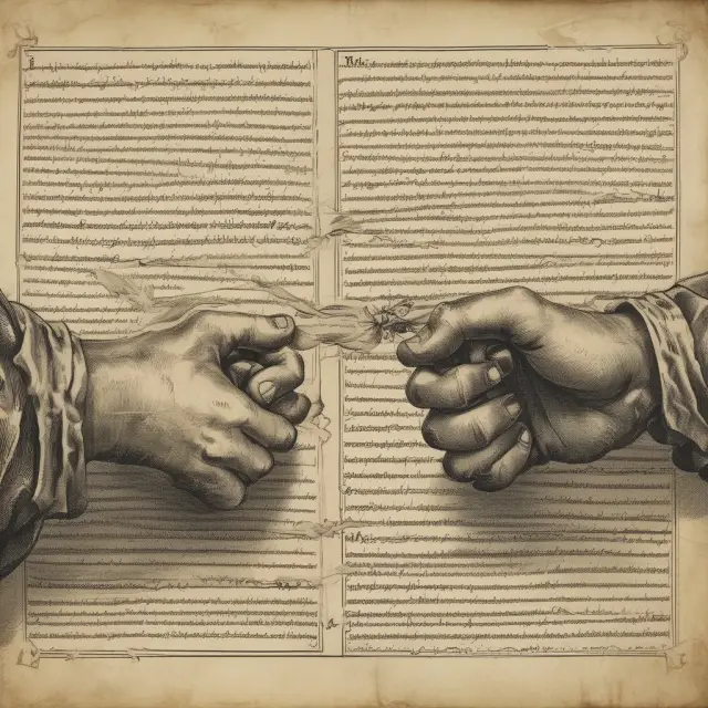 Two hands in conflict over two unrolled parchment scrolls representing unrecorded deeds. Dispute resolution and legal process illustrated.