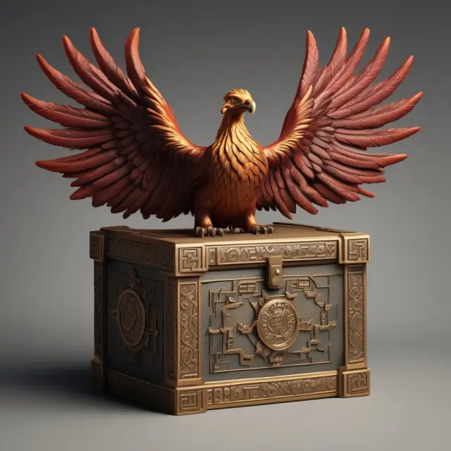Mysterious box containing unregistered shares guarded by a phoenix and griffin - symbols of risk and reward
