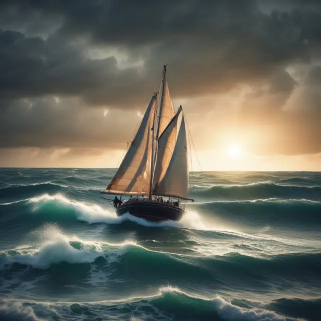 Person in a rowboat, shielded from stormy waters by an umbrella, paddling towards calm waters labeled 