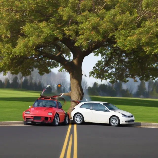 Two colliding cars merge into a sturdy tree to symbolize the importance of having collision insurance coverage for financial security