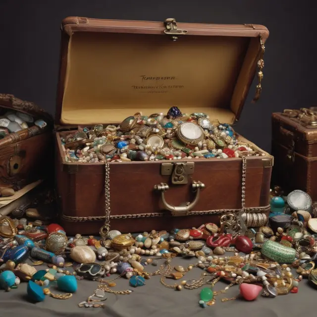 An ornate chest overflowing with hidden gems and treasures representing insured items: jewelry, electronics, sporting goods, and clothing.