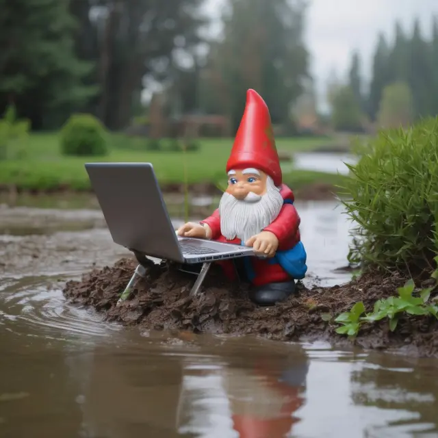 A garden gnome and laptop floating on water, symbolizing unscheduled property insurance coverage for various items in real-life scenarios