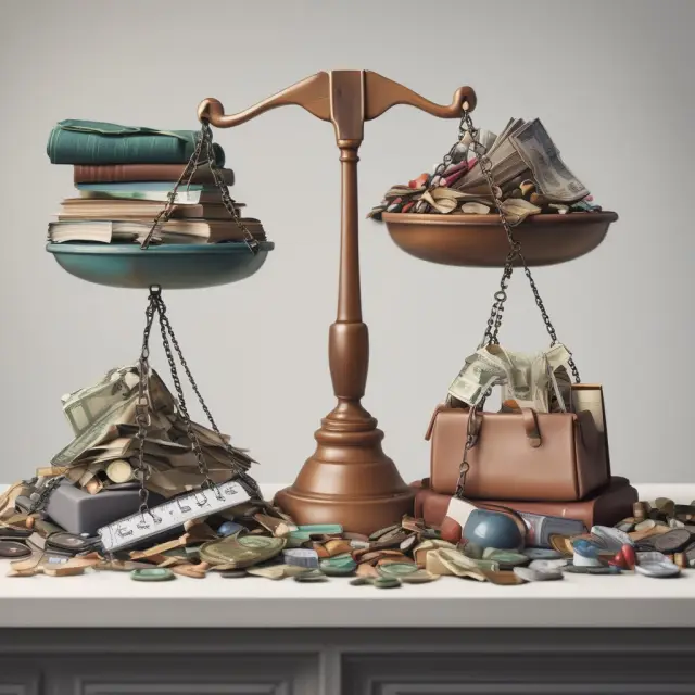 An image of a balance scale with a jumbled heap of items on one side representing unscheduled property floater, while the other side shows an organized pile symbolizing scheduled property floater.