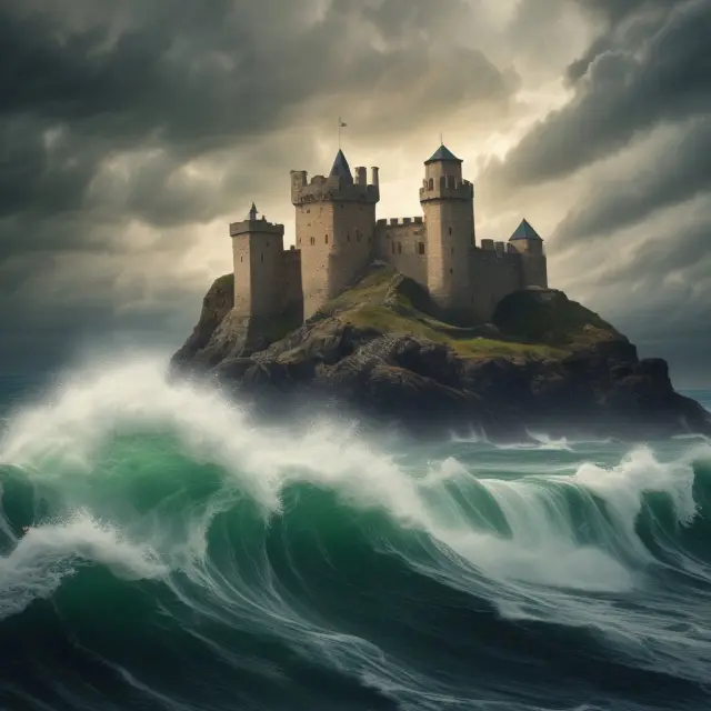 A secured creditor stands protected behind castle walls, while an unsecured creditor braves stormy seas, symbolizing the difference in risk levels between these types of creditors.