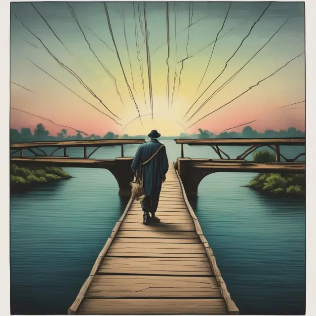 An image of a lender standing on a wooden bridge, assessing the financial stability of various borrowers trying to cross, symbolizing risk assessment and mitigation in lending
