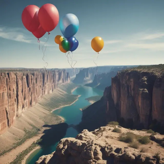 Fragile balloons symbolizing unsecured debts hovering precariously over a steep cliff