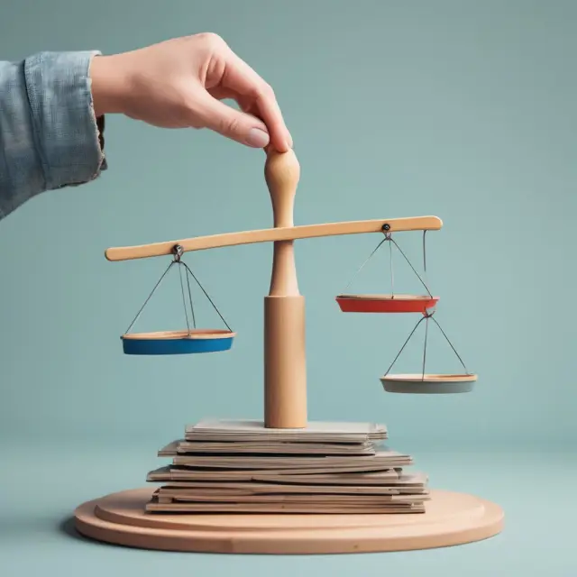 Person balancing credit card stacks on a see-saw scale, representing creditworthiness for unsecured loan approval